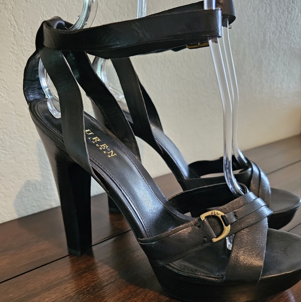 RALPH LAUREN platform open toe leather heels.  New without box. 10M. Black